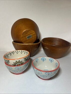 Lot of 6 Bowls 3 Winsome Teak Bowls + 3 Cost Plus World Market Small Bowls